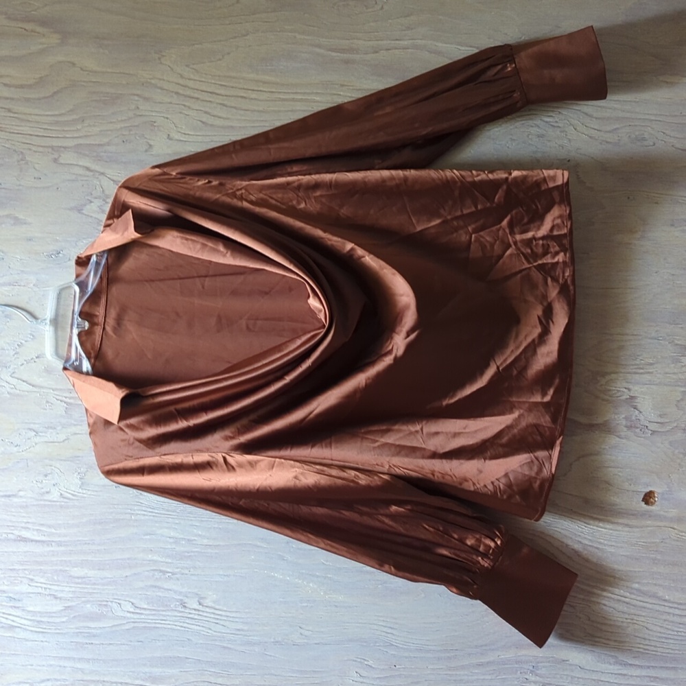 LYANER Long sleeve drape front blouse Brown Size M stretch satin - Picture 2 of 8